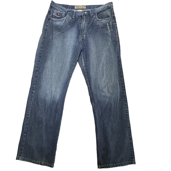 Mens 38x34 Straight Leg Jeans Dark Wash Embroidered Crest Pocket Distressed - Picture 1 of 14